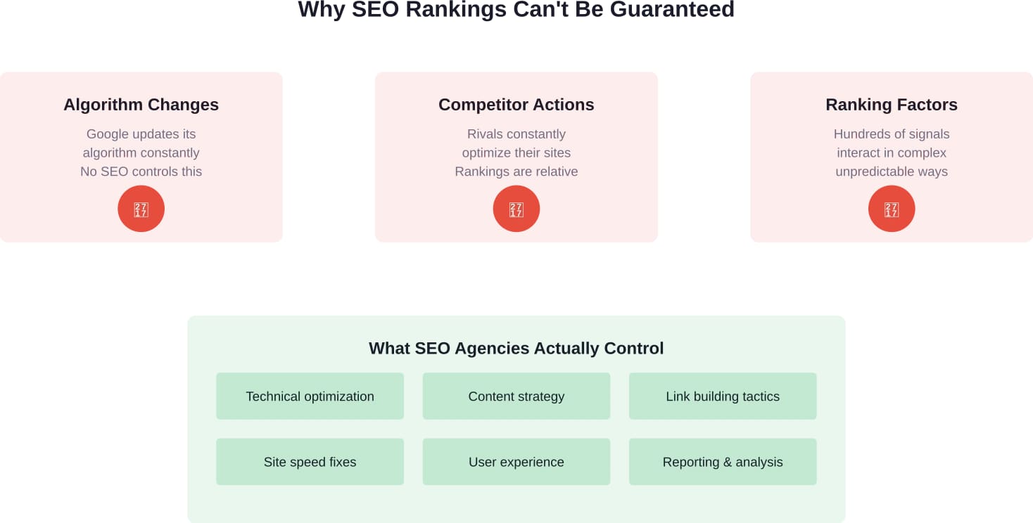 SEO-Agenturen können die Optimierungsstrategien und die Umsetzung kontrollieren, aber keine bestimmten Platzierungen in den Suchergebnissen garantieren.
