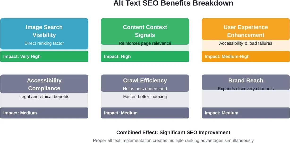Die verschiedenen Möglichkeiten, wie Alt-Text zur SEO-Performance beiträgt, und ihre jeweiligen Wirkungsgrade