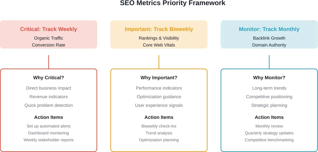 Prioritätsrahmen für die Verfolgung von SEO-Kennzahlen auf der Grundlage der Anforderungen an die Geschäftsauswirkungen und die Überwachungsfrequenz