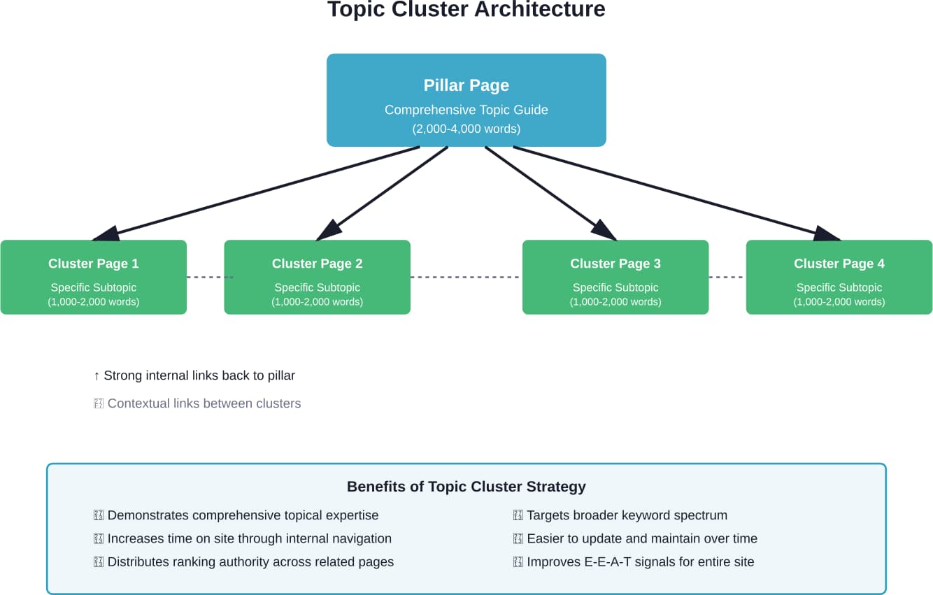 Topic cluster architecture builds authority by connecting comprehensive pillar content with specialized cluster pages through strategic internal linking.