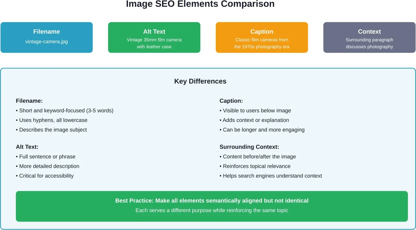 Wie verschiedene Elemente der Bildoptimierung zusammenwirken - jedes hat einen bestimmten Zweck, sollte aber thematisch aufeinander abgestimmt sein, um eine maximale SEO-Wirkung zu erzielen.