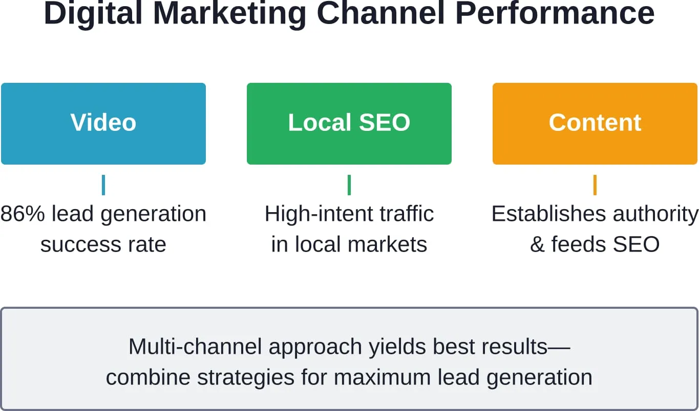 Die wichtigsten Kanäle für digitales Marketing für Hypothekenanbieter, mit Angabe der jeweiligen Stärken und Schwerpunkte bei der Umsetzung.