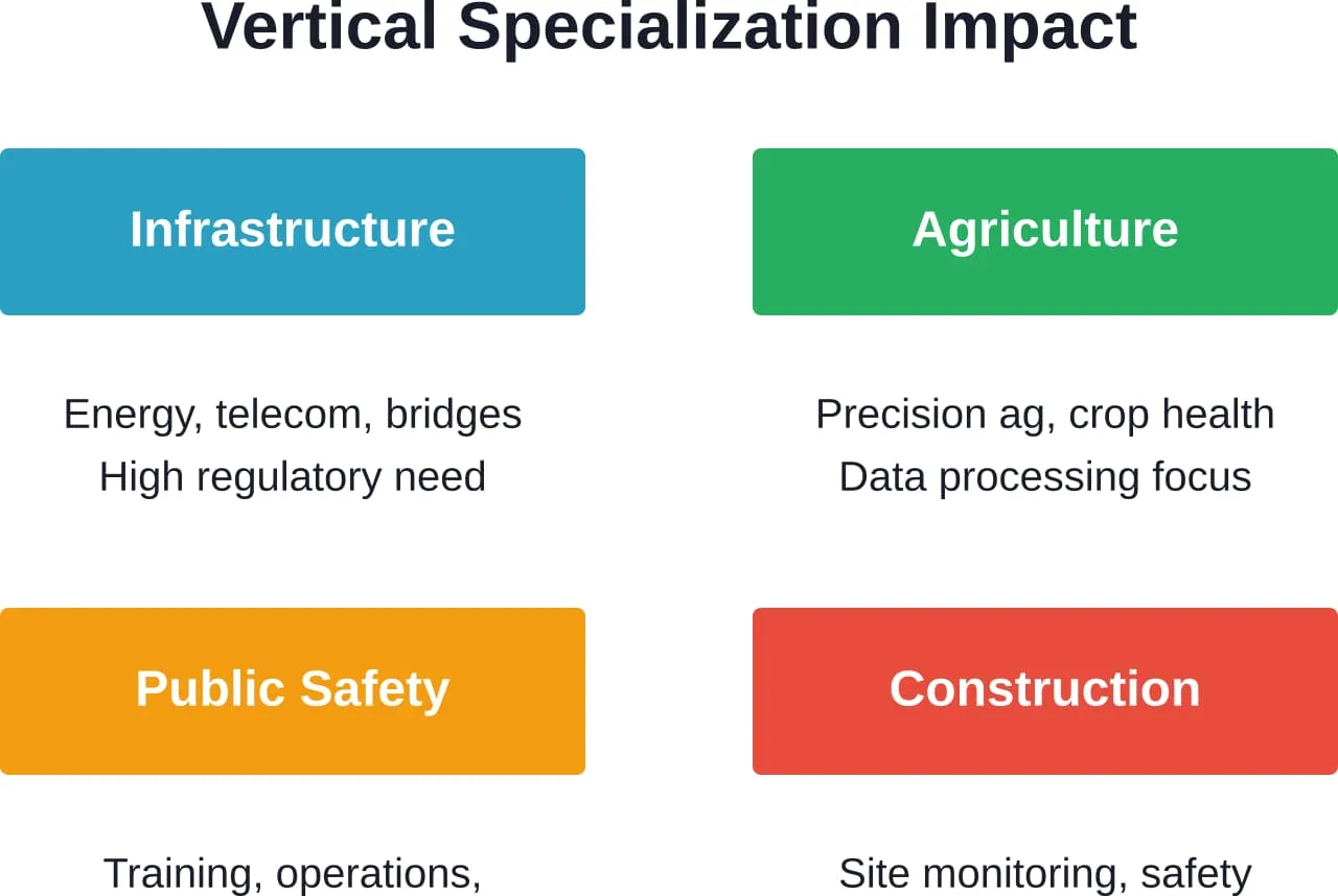 Vier stark nachgefragte Branchen für die Spezialisierung im Bereich UAV-Beratung, die jeweils spezifisches technisches Wissen und Fachkenntnisse im Bereich Compliance erfordern.