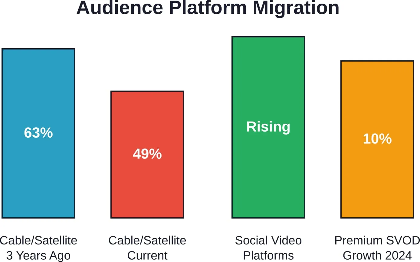 The shift from traditional pay TV to social platforms and slowing streaming growth defines the current entertainment marketing challenge.