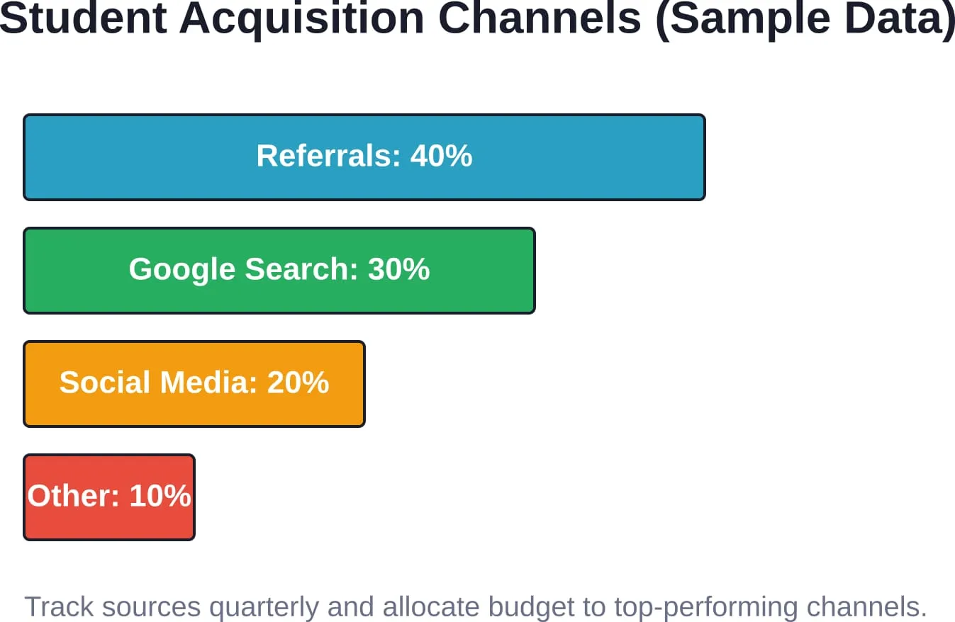 Example breakdown of student acquisition channels. Track your own data to identify where to focus marketing spend.