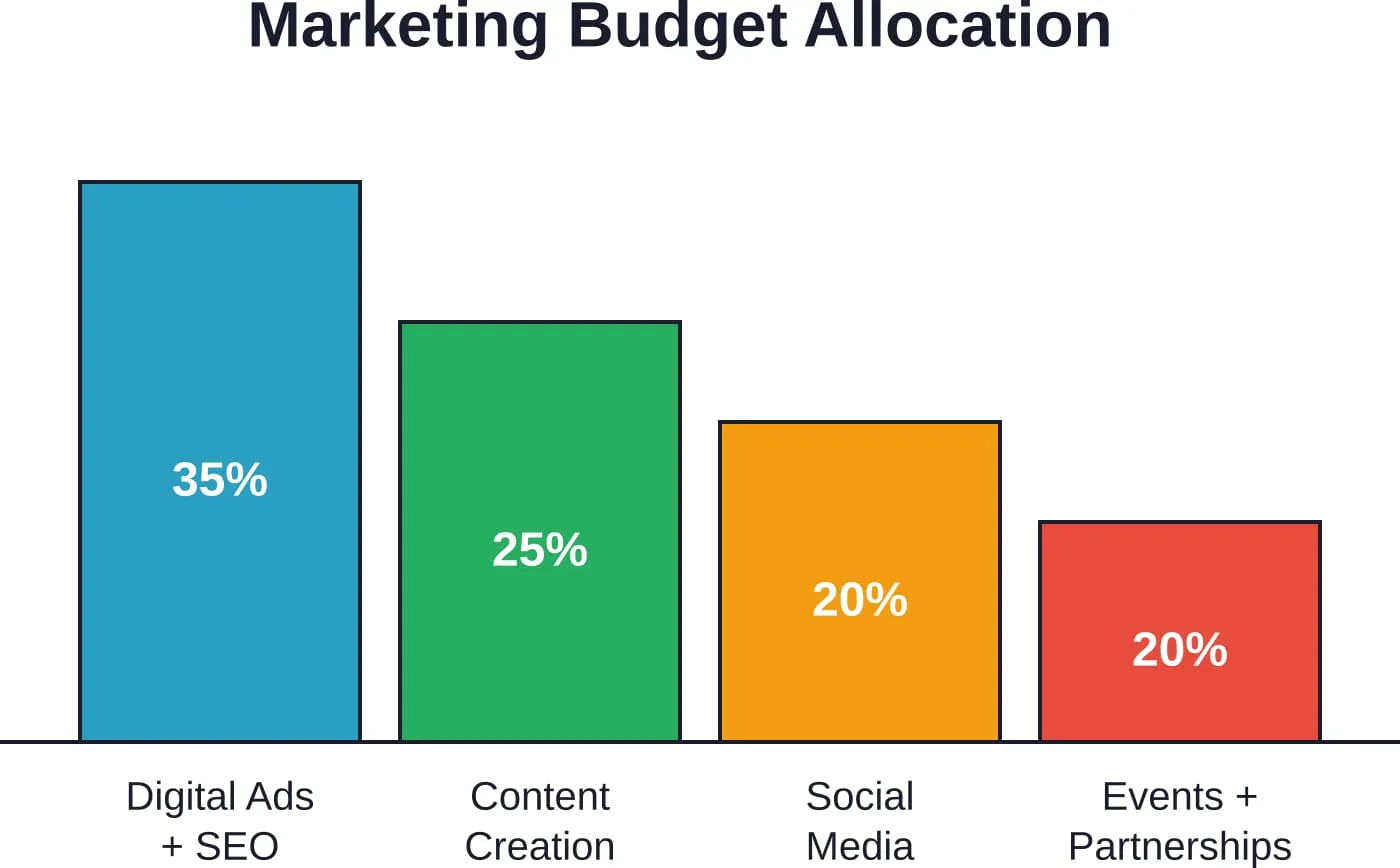 Ein Beispiel für die Aufteilung des Marketingbudgets bei Reedereien berücksichtigt gleichermaßen die digitale Präsenz, die Erstellung von Inhalten, die Interaktion in sozialen Medien und den Aufbau von Kundenbeziehungen.