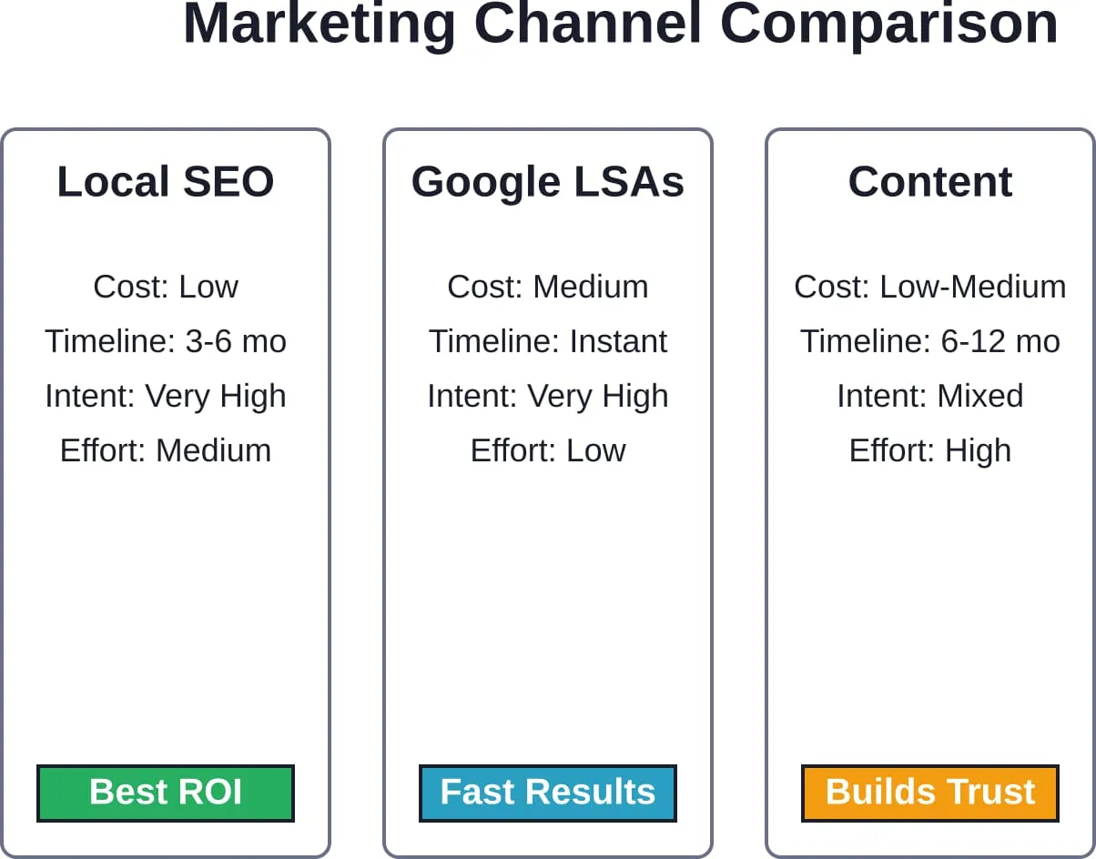 Verschiedene Marketingkanäle dienen unterschiedlichen strategischen Zielen. Lokale Suchmaschinenoptimierung (SEO) bietet den besten langfristigen ROI, Anzeigen für lokale Dienstleistungen sorgen für sofortige Sichtbarkeit, und Content-Marketing schafft das für die Konversion notwendige Vertrauen.