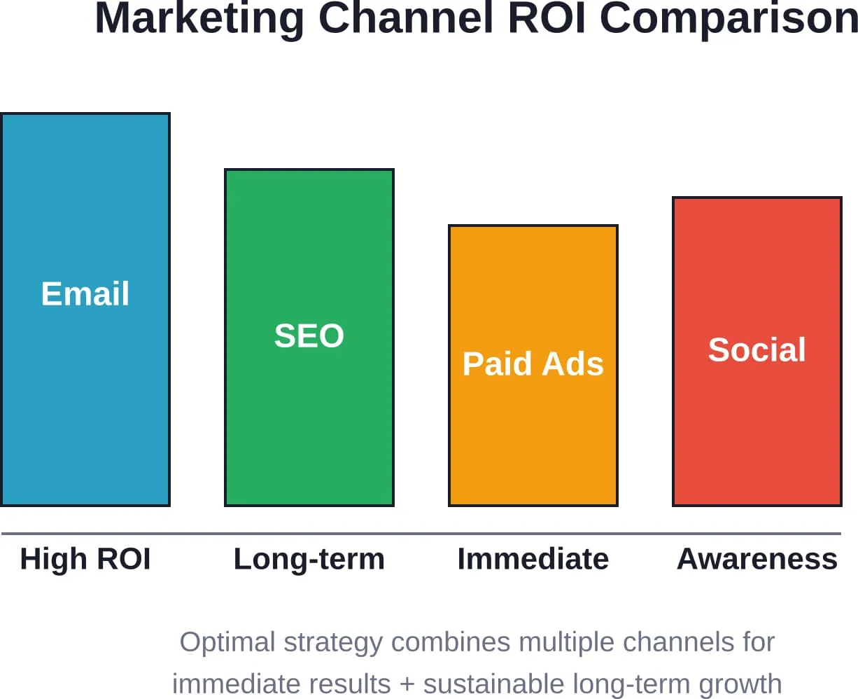 Different marketing channels serve distinct functions in patient acquisition, with email and SEO providing strong long-term ROI while paid advertising delivers faster initial results.